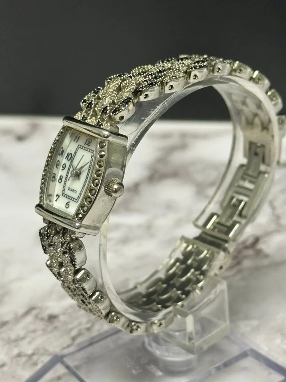 M. Z. Berger Marcasite Watch Silver Tone White Dial Ornate New Battery 7 inch